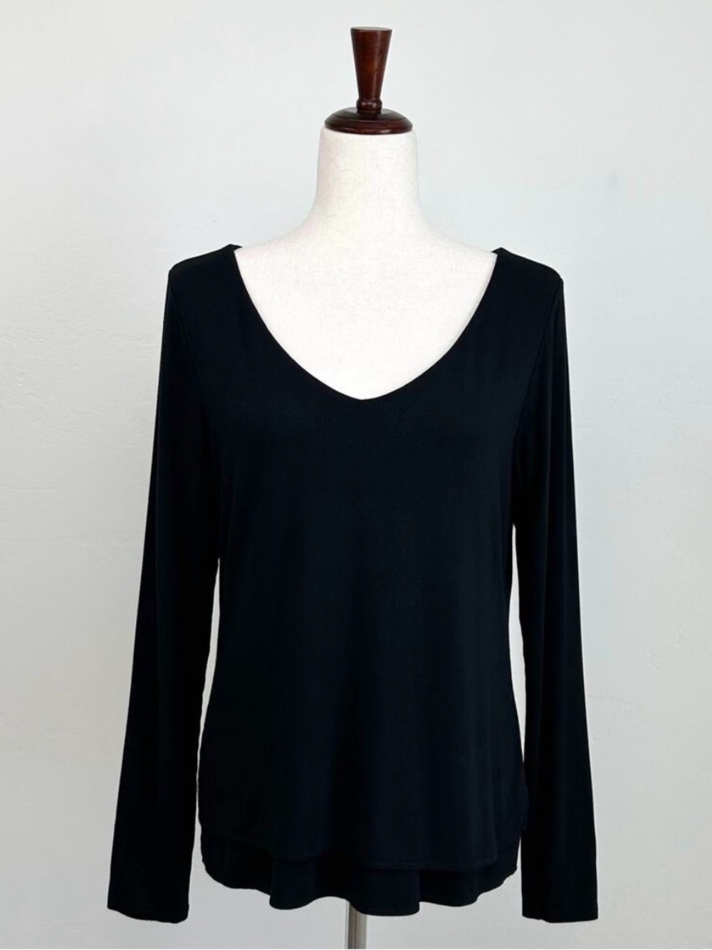 Peruvian Connection Black Stretchy Jersey V-Neck Layered Long Sleeve Top SMALL